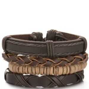 Men's Brown Genuine Leather & Bead  Bracelet Set
